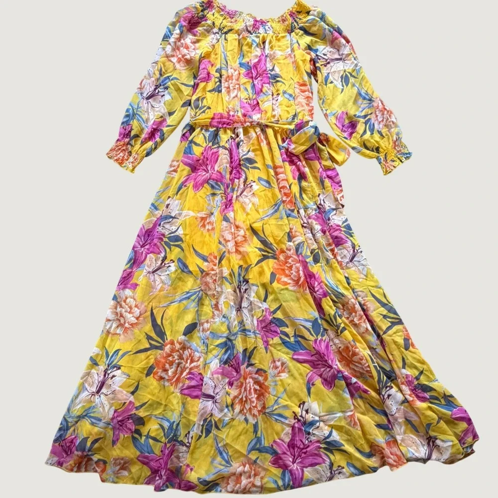 Kate and Lily Yellow Floral Maxi Dress Smocked‎ Off Shoulder Long Sleeve Size 14